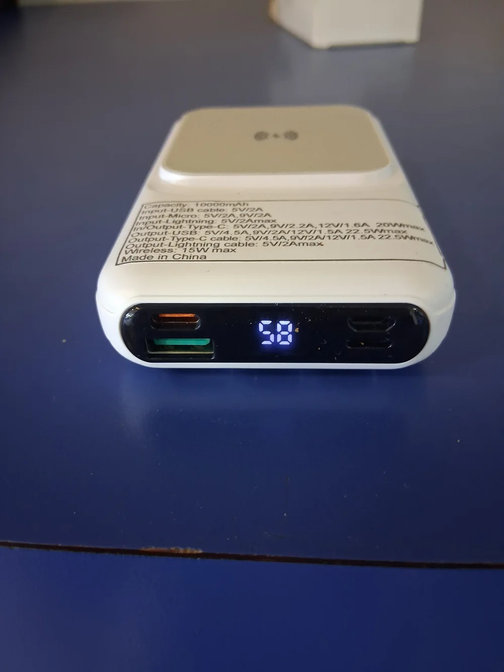 Portable White Wireless Charger Power Bank with LED Display